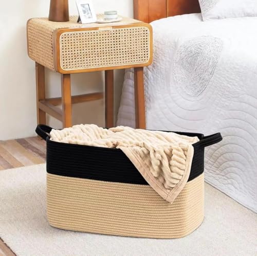 Image of Large Jute Cotton Rope Laundry Basket with Handle (20x15x12 Inches) | Tall Rectangular Clothes Hamper for Bathroom, Bedroom & Storage | Eco-Friendly Handwoven Organizer (Beige & Black)