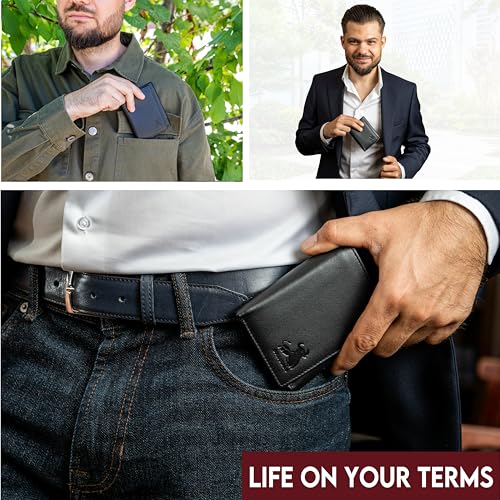 Image of BULL GUARD Genuine Nappa Leather Trifold Wallet For Men RFID And ID Window, Double Cash Compartment with Secret Pocket, Soft Premium Top Grain Leather Black, Stylish & Secure Everyday Carry, Gift Box