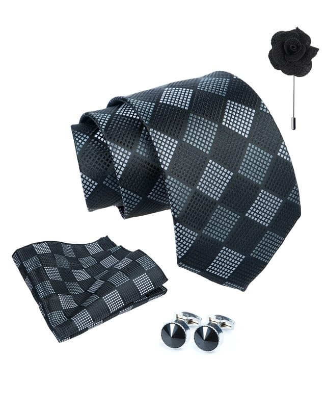 Image of Axlon Tie for Men - Micro Silk Neck Ties Set with Cufflinks Flower Pin, Pocket Square & Black Gift Box, Combo Necktie Sets for Office Wear, Formal Suits & Weddings (0, Checkpn)