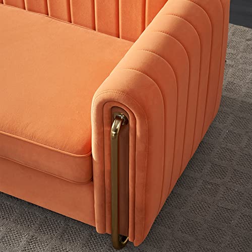 Image of KEIKI 84 inch Velvet Deep Channel Tufted Sofa with Back Cushions and Rolled Arms, Modern Style 3-Seater Couch with Golden Polished Steel Legs, Easy Assembly, for Living Room, Bedroom, Office, Orange