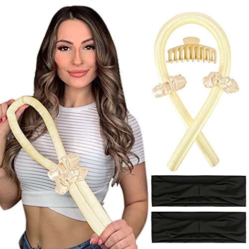 Heatless Hair Curler Rollers, No Heat Flexible Curling Rods Overnight Sleep Styler for Women Natural Long Hair Silk Ribbon Curls with Soft Hairband Scrunchie Clips Tie Set, Gold Absorbent Formers