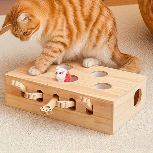 Whack a Mole Cat Toy with Pop Up Mice - Interactive Puzzle Game & Scratch Board for Indoor Cats Mental Enrichment and Exercise Fun Cat Puzzle Box Toy