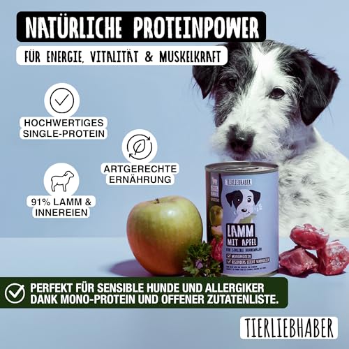 TIERLIEBHABER – Hundefutter Nass 400g Lamm mit Apfel – Von Tierärzten entwickelt – Nassfutter Hund mit 91% Fleischanteil – Dog Food als Hundenassfutter 400g Dosen