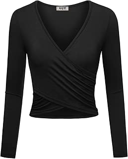 DJT Women's Deep V Neck Long Sleeve Cross Criss Wrap Shirts Crop Tops