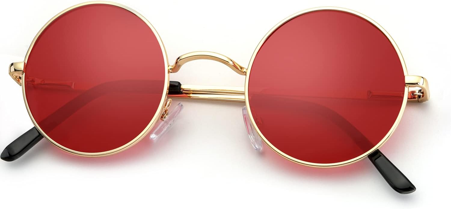 KALIYADI Round Polarized Sunglasses for Men Women Retro Metal Hippie Circle Style Sun Glasses UV Protection A08-golden Frame Red Lens 45 Millimeters