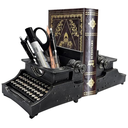 Sujetalibros decorativos vintage, vieja máquina de escribir titular de lápiz libro estilo antiguo libro tapón, máquina de escribir decoración para estantes, decoración de oficina en casa