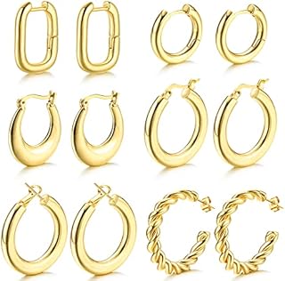 YADOCA 6 Pairs Chunky Gold Hoop Earrings for Women Girls Thick Hypoallergenic Open Hoop Earrings Twisted Huggie Hoop Earrings