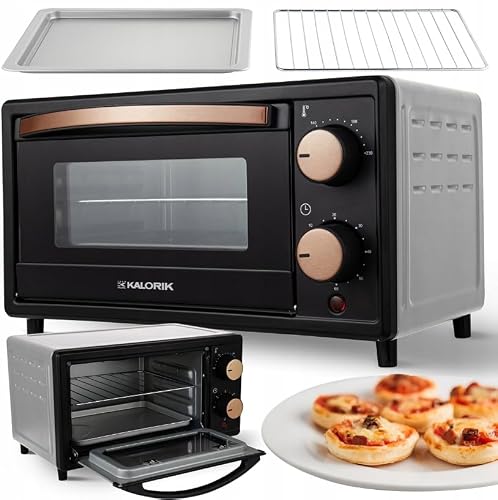 KALORIK Mini piekarnik OT2015CO, pojemność 10 l, czarny z miedzianymi akcentami, 800 W, energooszczędny z ogrzewaniem kwarcowym, timer do 60 min, podwójne szkło, blacha do pieczenia i ruszt do