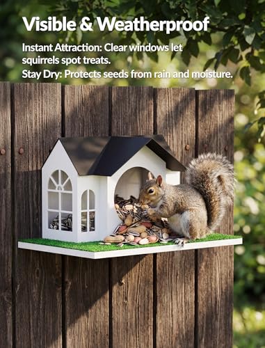 NiHome Outdoor Metal Squirrel Feeder Hanging House, Tree Mounted Squirrel Feeder Large Capacity, Weather Resistant with Acrylic Front, Tree Hanging Food Station for Patio, Backyard and Garden