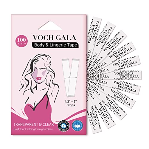 VOCH GALA Double Sided Tape for Clothes & Body (100 Strips) – Clear Fashion Garment Tape for Dresses | Medical‑Grade Adhesive, Hypoallergenic Body Tape for Sensitive Skin | All Day Hold