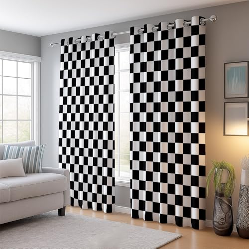 Cortinas Decorativas con Ojales 117 An x 138 Al cm (2Paneles), Abstracto Diseño Cuadros Tema Aislamiento Térmico Cortina para Salón Dormitorio Hotel, Negro Blanca Oscurecidas Antiarrugas