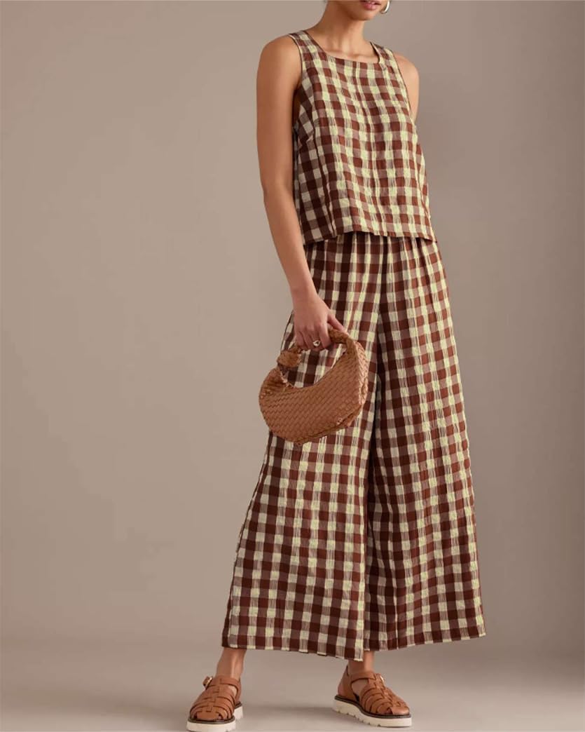 Women 2 Piece Summer Outfits Gingham Lounge Set Y2k Plaid Sleeveless Top Wide Leg Pants Matching Set - Image 2