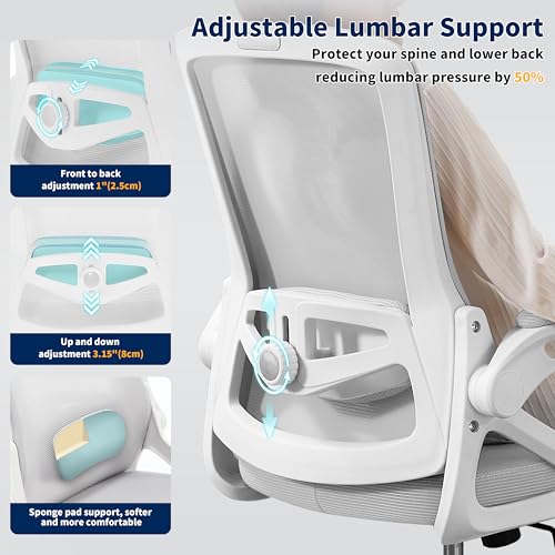 Image of Ergonomic Office Chair, Desk Chair with Adjustable Lumbar Support, Breathable Mesh Comfy Computer Chairs with Flip-up Armrests Executive Task Chair for Adults Home Office(Gray)