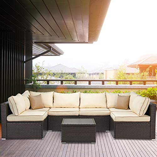 Laurel Canyon Outdoor Patio Furniture 7 Piece Rattan Sectional Sofa, Wicker Conversation Sets with Faux Wood Top Tea Table and Cushions, Dack Brown