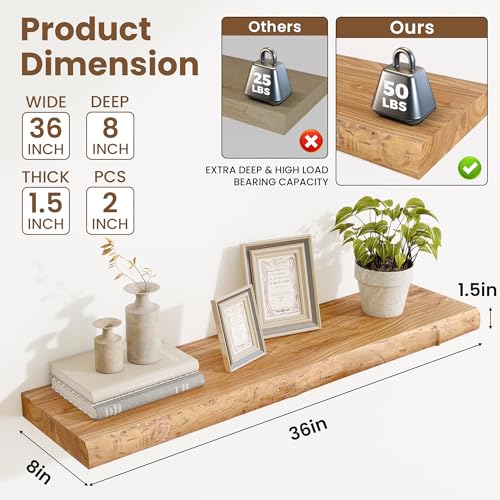 Image of Acovy Extra Deep 36 inch Long Live Edge Rustic Floating Shelves for Wall, Solid Wood Wall Shelves with Invisible Bracket Mount for Living Room Bathroom Bedroom Kitchen, Set of 2, Natural