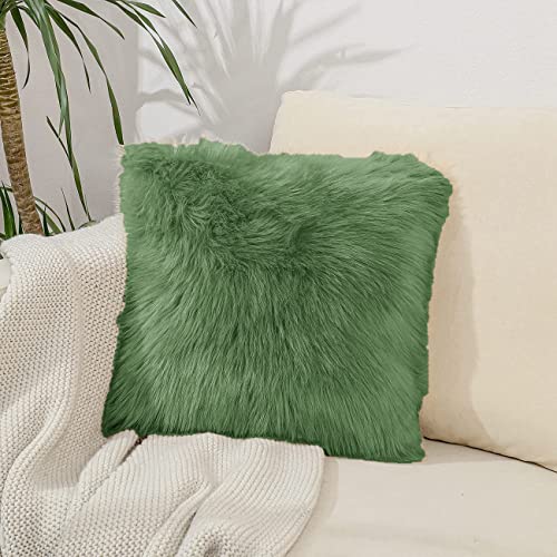 Image of Fur Cushion Pillow Cover for Set of 2 Pillow - 13x13 Inches (Olive Green)