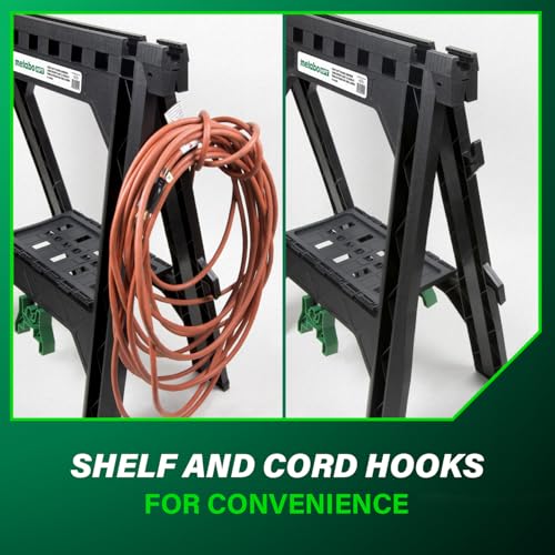 Metabo HPT Folding Sawhorses, 2-Pack, Lightweight Design, 1,200 lbs Capacity, Includes 4 Sawbucks, Ideal for Extra Workstations, Non-Skid Feet for Stability, Built-In Shelf and Cord Hooks, 115445M - Image 7
