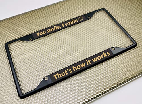 Image of Personalized with Custom Text Design - 4 Hole Black Metal Laser Engraved US Standard Size - Car License Plate Frame with Free caps - Black /Gold Text (Qty: 1 Frame)