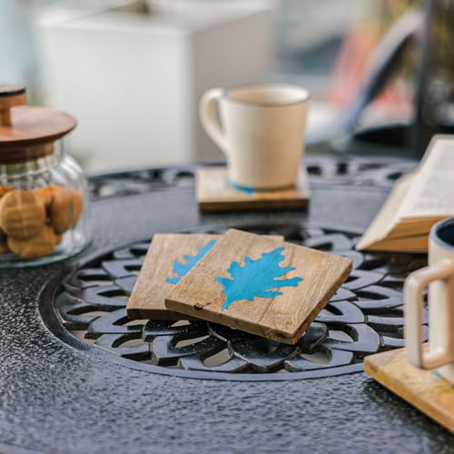 Image of Ireka Home Autumn Blue Coaster Set of 4, Mango Wood & Resin - Tea Cup, Coffee Mug & Glass Coasters for Dining Table & Home Decor