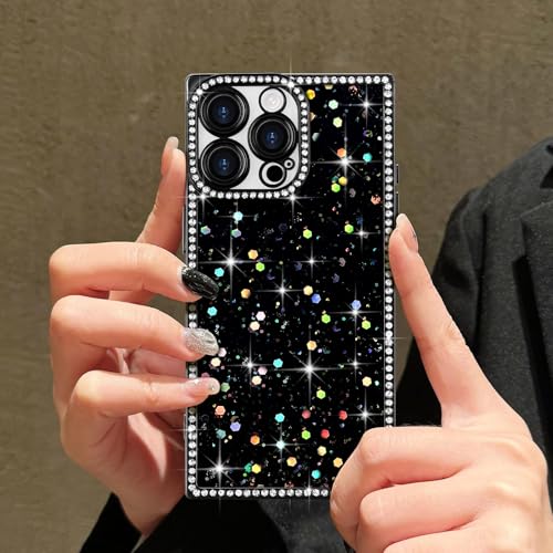 LAPOPNUT for iPhone 13 Pro Case,Cute Bling Sequin Glitter Sparkly Rhinestones Rectangle Edge Phone Case for Girls Women,Crystal Diamond Full Camera Protective Shockproof TPU Bumper Cover,Black - image 3