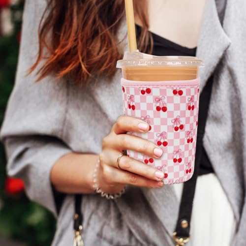 Image of Reusable Insulated Neoprene Iced Coffee Cup Sleeve, Durable Drink Sleeve for Cold Beverages, Beverage Holder for Iced Coffee (Sweet Cherry)