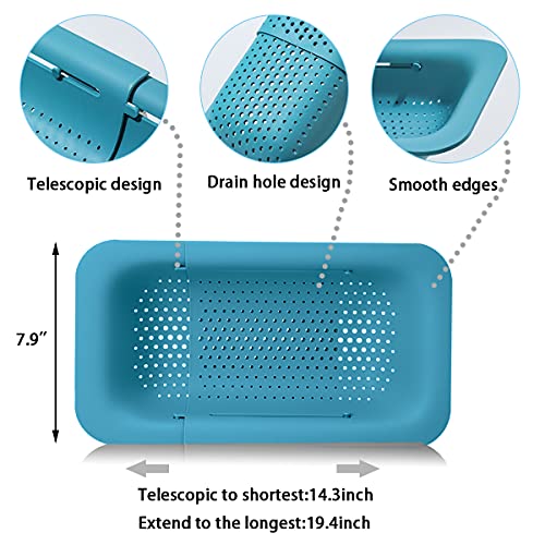 Image of Sink Colanders and Strainers Basket Retractable Plastic Fruit Vegetable Strainer Drainer Basket for Kitchen (Length 14.3 inch-19.4 inch) (Green)