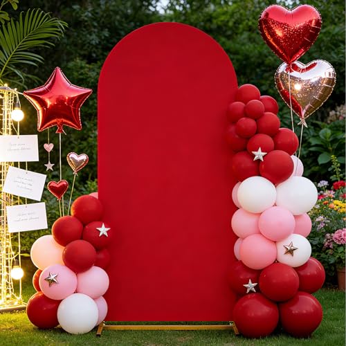 Image of SoarDream Red Arch Backdrop Cover 6.6FT Spandex Fitted Red Wedding Arch Covers Round Top Chiara Arches Backdrop Cover Fabric for Birthday Balloon Wedding Party Decoration