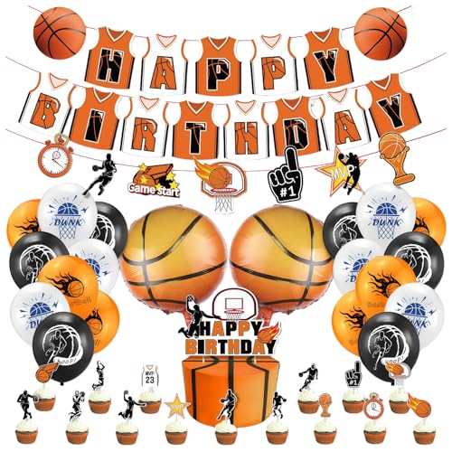 Décoration anniversaire basketball enfant 39 pièces : kit ballon latex orange noir blanc, cake topper, guirlandes fanions, ballons aluminium pour fête garçon fan de basket