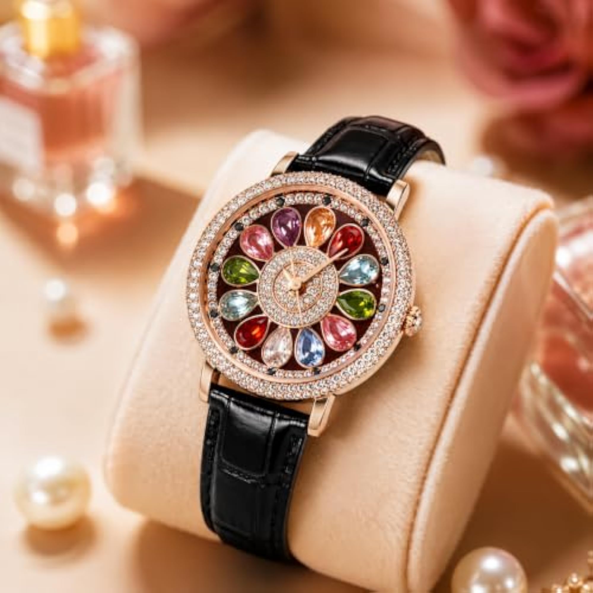 Women's Rose Gold Crystal Flower Dial Watch