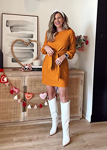 Prettygarden Women’s Elegant Long Lantern Sleeve Short Dress Crewneck Tie Waist Knit Cocktail Dress Yellow #TOP2