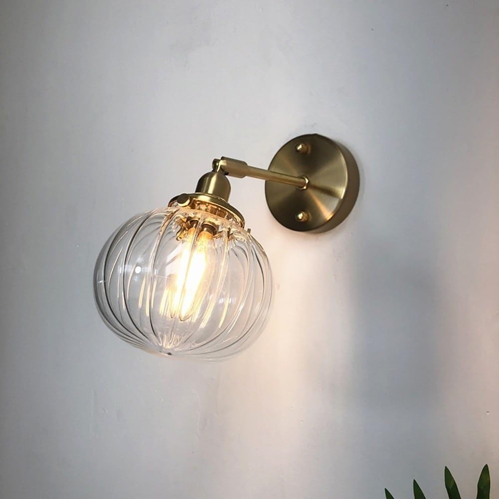 BLOOHK Vintage Pumpkin Glass Wall Sconce, Modern Industrial Wall Light with Copper Base, 1-Light Retro Glass Wall Lantern Fixture for Kitchen Island, Bar, Loft
