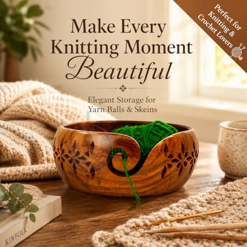 Image of Premium Rosewood Storage Bowl for Yarn Balls & Skeins with Decorative Carved Drills & Drops & Candy Knitting Needles | Knitting & Crochet Notions | Nagina International (Large)