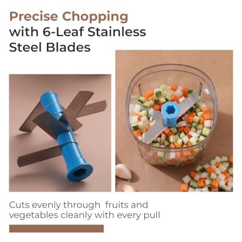 Image of Lifelong 600ml Nutrichop Vegetable Chopper for Kitchen|Manual Chopper with Easy Pull Cord| 6 Stainless Steel Blades, Antislip Base, Airtight Lid, BPA Free |Mini Chopper for Veggies, Fruits, Dry fruits