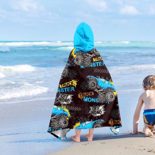 Image of Car Blue Boys Beach Towel with Hoodie for Kids Toddlers Age 4-8, Engineering Vehicle Bath Towels Shower Wrap for Boys, Hooded Poncho Beach Blanket for Pool Swimming Wearable Bath Towel for Child