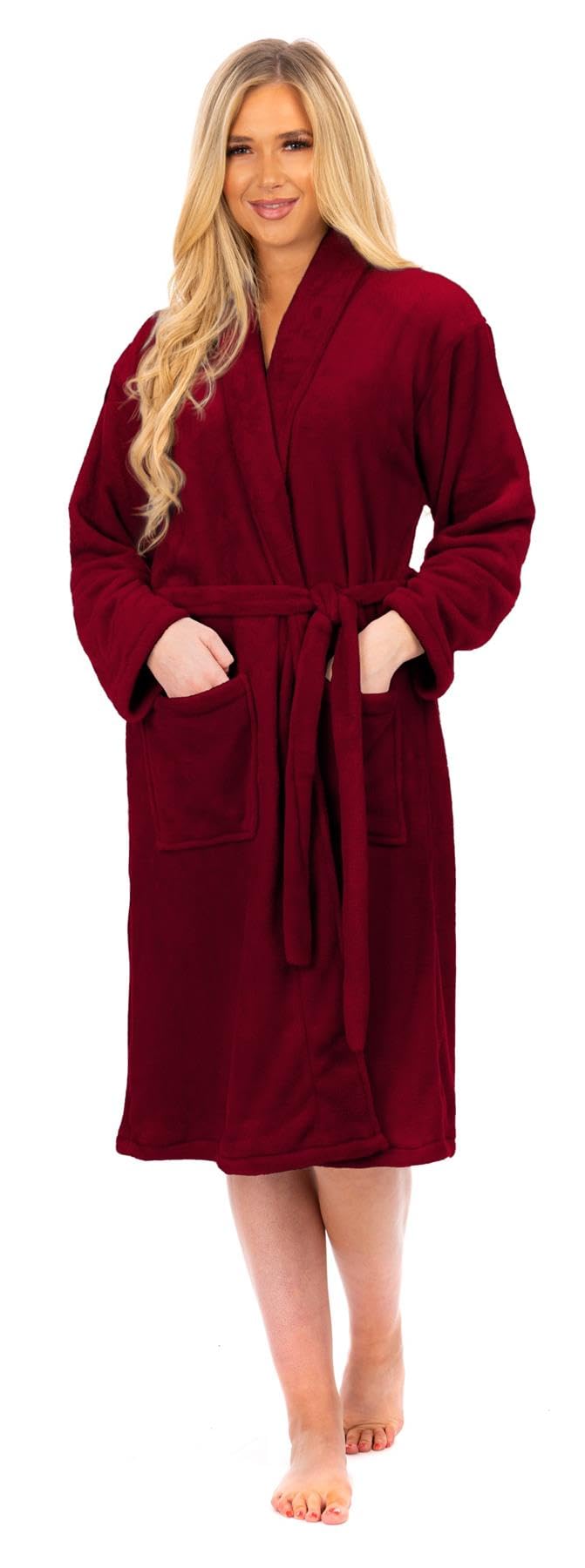 Adore Home Women's Aubergine Flannel Fleece Bathrobe Soft & Warm Dressing Gown Bath Robe, L-Xl