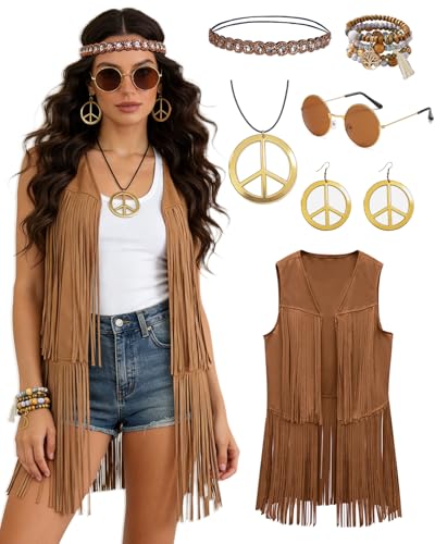 kasahara 60s 70s Outfit for Women Hippie Costume Clothes Fringe Vest with Hippie Accessories Boho...