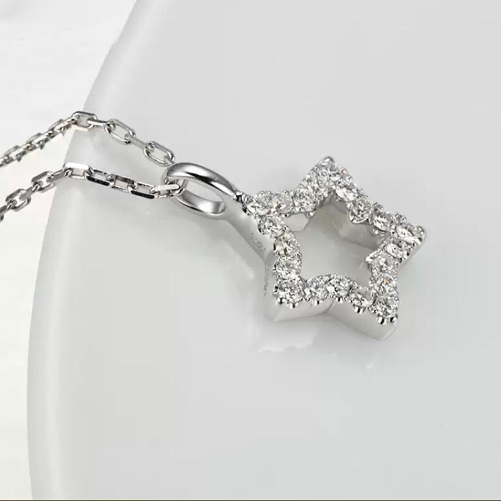 Collar con colgante para mujer, collar largo para mujer, estrella hueca con diamante de 0,15 quilates, oro blanco de 9/14/18 quilates, 45 cm