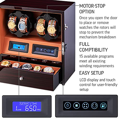 Image of 4 Watch Winder with 5 Watch Storage Space, LCD Display, Touch Control and Interior Light