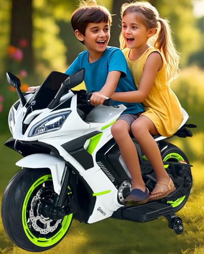 Image of Wishmaster Kids Battery Operated Rechargeable Electric Bike | 2 Seater Motorbike 3, 4, 5, 6, 7, 8, 9, 10, 11, 12 Years Children | Big Ride On Motorcycle (R9 Big Bike (4-12 Years), White)