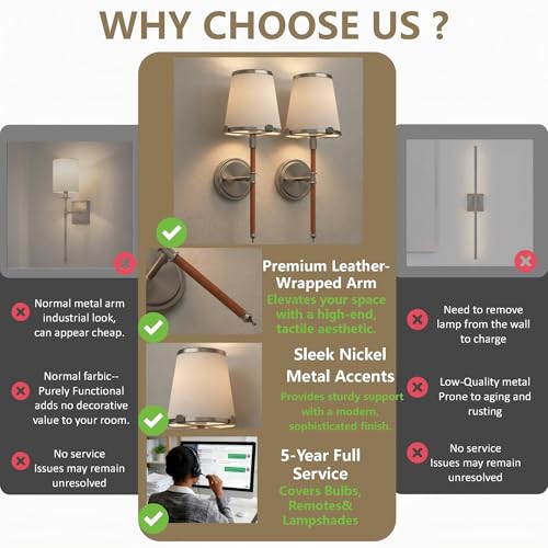 Image of DORESshop Battery Operated Wall Sconce Set of 2, Wireless Wall Light Easy to Install, 7 Color Rechargeable Wall Sconces, Sconce Wall Decor Set of 2 for Bedroom, Living Room, Chrome and Leather, 18.7in