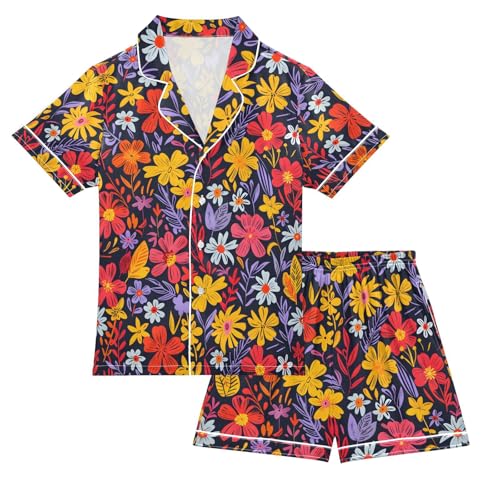 ALAZA Beautiful Floral Field Pajamas Satin Pajama Set Short Sleeve Button Down Sleepwear