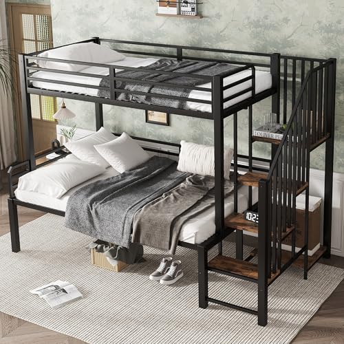 LAKFEW Litera de Metal 90x200 & 120x200 cm con Escalera y Barandilla Anticaída, Cama Infantil con Estante, Cama para Niños, Literas para Adultos, Literas Juveniles, Negro, Sin Colchon