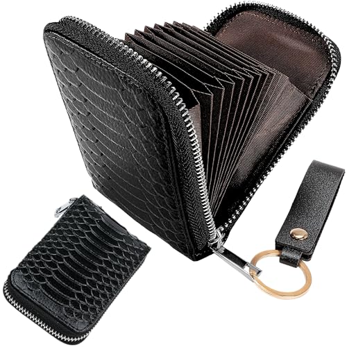 Genuine Leather 11 Card Slots Minimalist Zipper Accordion Purse with Key Ring Strap, Snake Pattern Colorful Slim Multi Pockets Zip Around Wallet, Compact Card Organizer (Black)