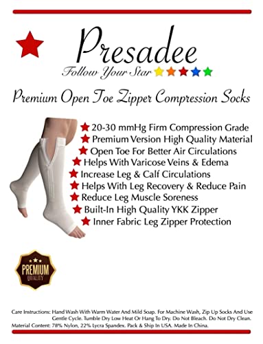 Image of Presadee Premium 20-30 mmHg Firm Compression Leg Calf YKK Zipper White Socks (Open Toe, 3)
