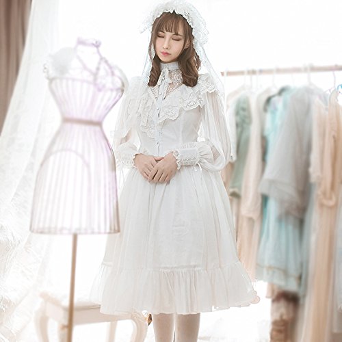 Smiling Angel Women's Princess Embroidery Lace Chiffon Long Sleeve Retro Hollow Spring Autumn Daily Lolita Dress, White, Small #TOP2