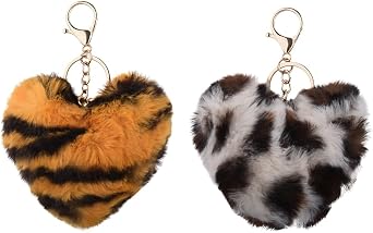 yaozeio Soft Leopard Fluffy Keychain Charm Heart Bag Purse Charm Pink Brown Leopard Print Keyring 2PC Key Chan Women Cute