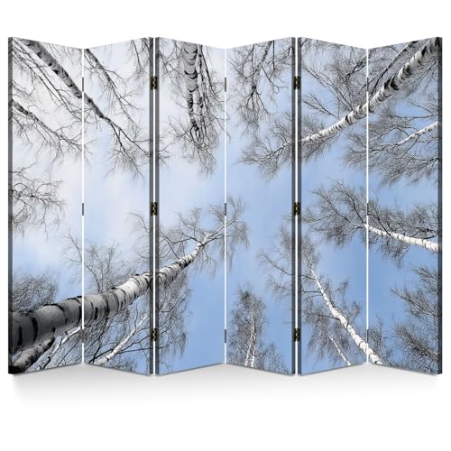 Large 6 Panels Folding Screen Room Divider Birch Winter Forest Snow Branches Trees Nature Cold Weather Boho Divider for Room Separation Portable Privacy Partition Screen Indoor