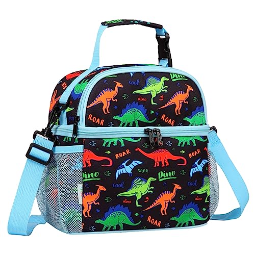 VASCHY Lunch Bag for Kids Insulated Lunch Box Double Compartments Cooler Lunch Tote for Toddlers Boys Girls School/Daycare/Picnic Black Dinos