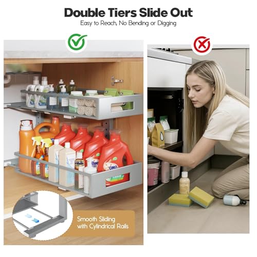 Image of 1 Pack 19IN Depth Under Sink Organizer, 2-Tier Pull Out Cabinet Organizer With Smooth Circular Rail, Large Capacity Metal Mesh Sliding Drawers For Bathroom& Kitchen Storage,Height Adjustable-Gun Gray