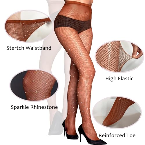 Image of 3 PCS Sexy Sparkle Rhinestone Fishnet Stockings Pantyhose, High Waist Sparkly Party Tights for Women